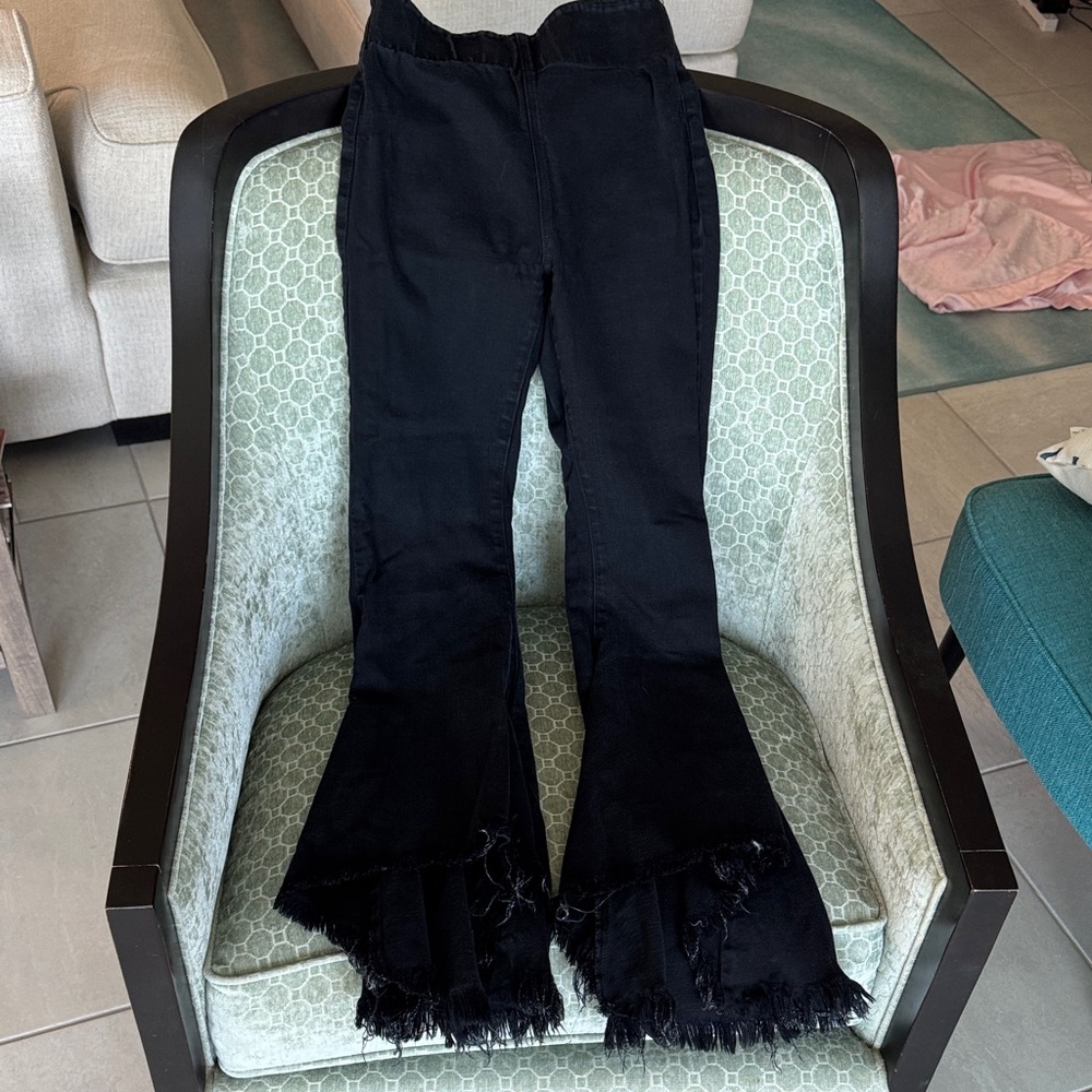 Mumu Blue Black Flared Pants with Frayed Hem Small